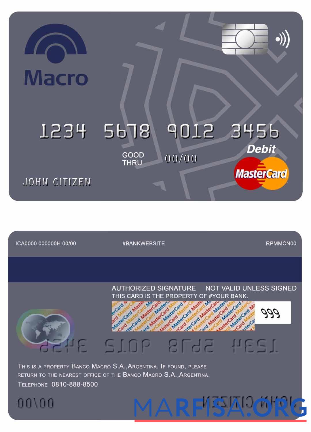 Realistic Argentina Banco Macro S.A. bank mastercard debit card download for verification
